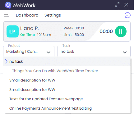 Tarefas do WebWork Desktop Tracker