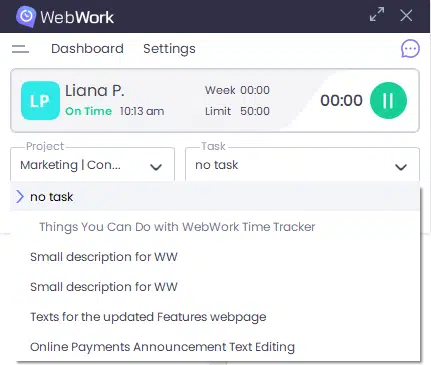 WebWork Desktop Tracker Tasks