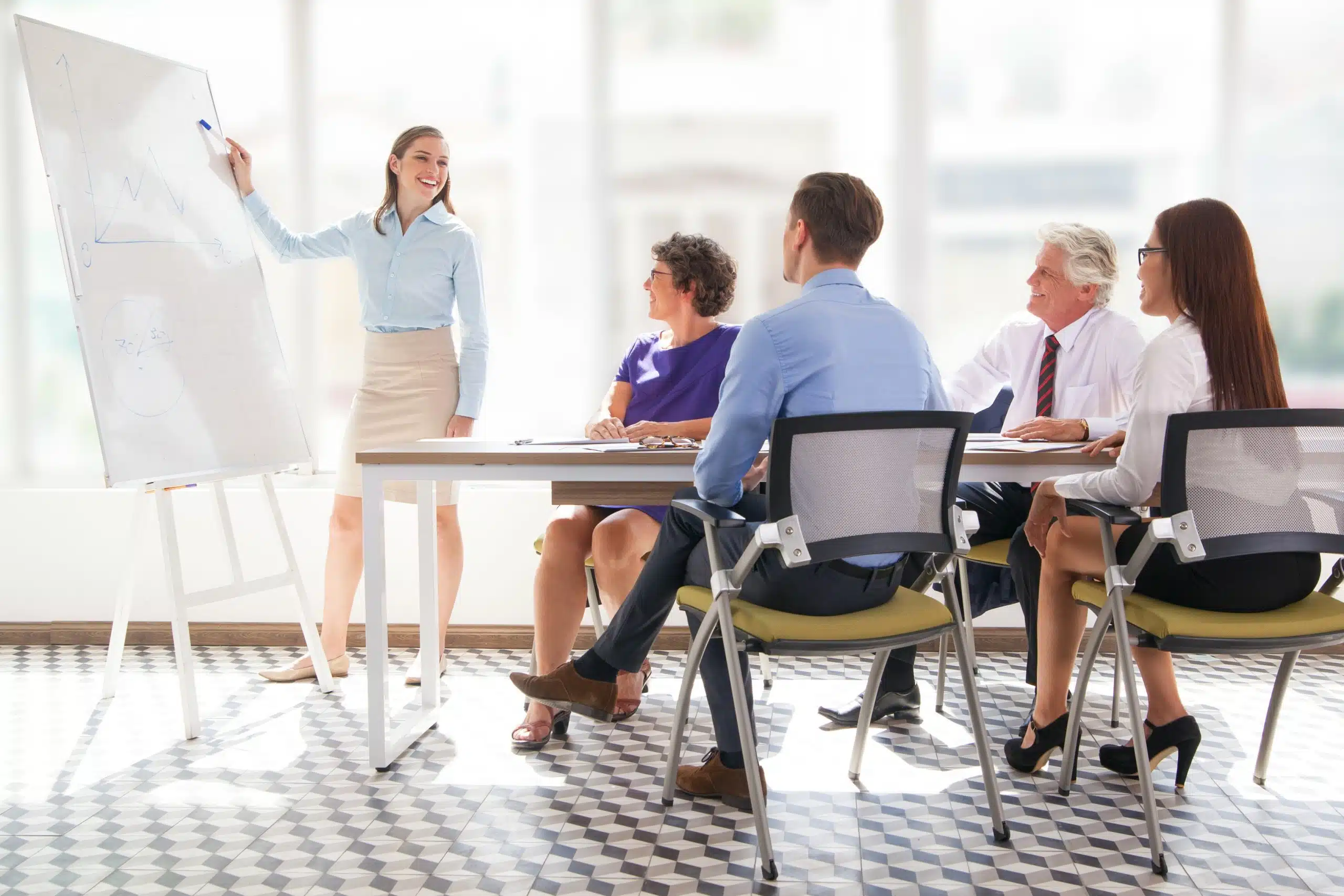 meeting with a team and a woman next to the whiteboard