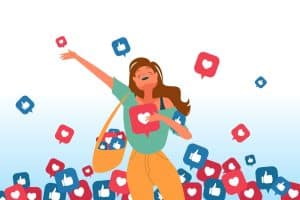 Ilustración de una niña con corazón y como íconos.