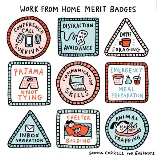 work from home badges by Gemma Correll