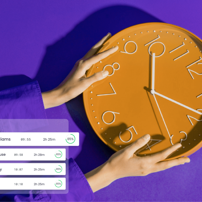 Un par de manos sosteniendo un reloj naranja sobre un fondo morado con gráficos blancos en la parte inferior izquierda