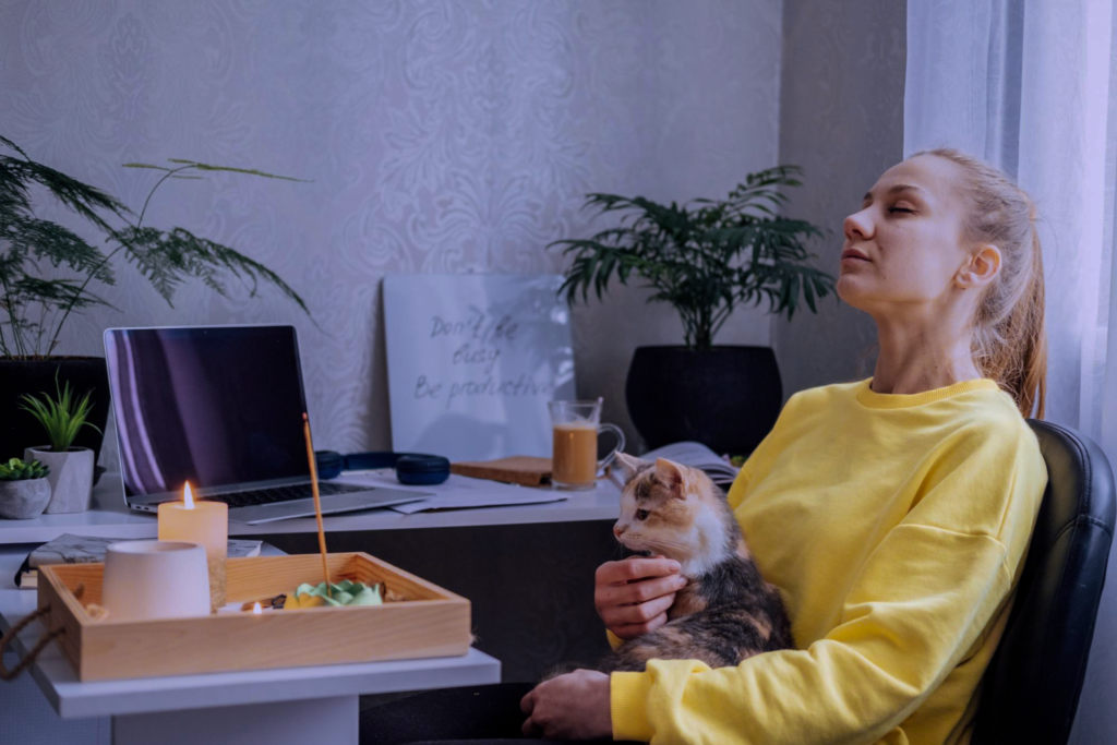 Young woman with her cat in the office