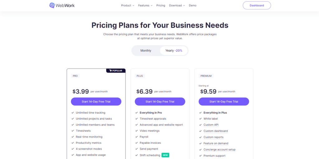 Цены на WebWork Time Tracker