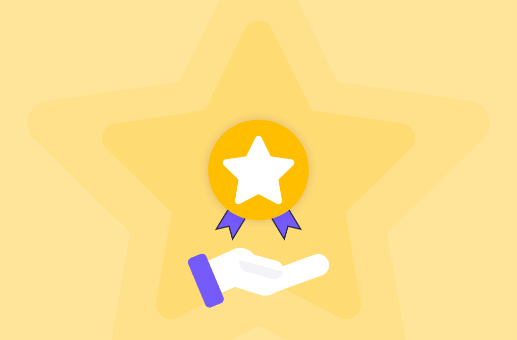 A white star in a yellow circle on a light yellow background, with a white hand under it.