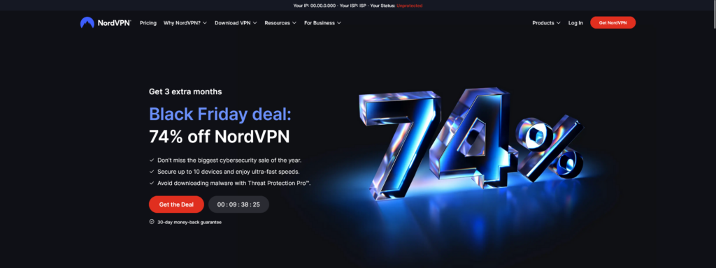 Una captura de pantalla del sitio web de NordVPN