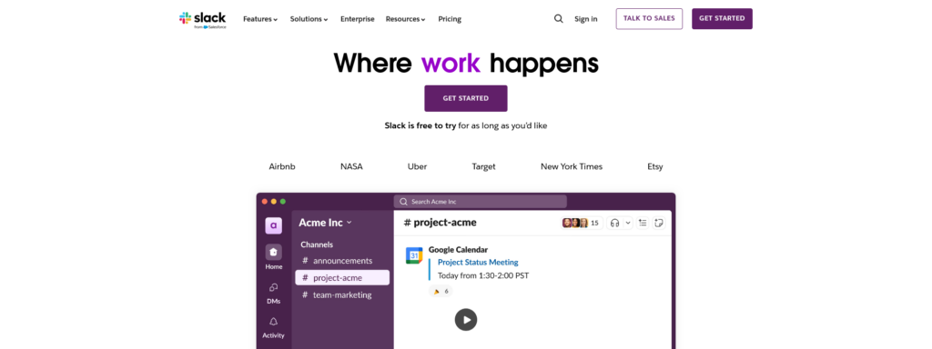 Una captura de pantalla del sitio web de Slack