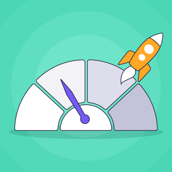 Um infográfico em tons de branco e cinza com um ponteiro roxo sobre um fundo verde, com um gráfico de foguete laranja sobreposto.