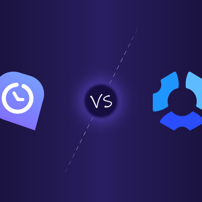 Um infográfico mostrando os logotipos da WebWork e da Hubstaff em um fundo roxo escuro.