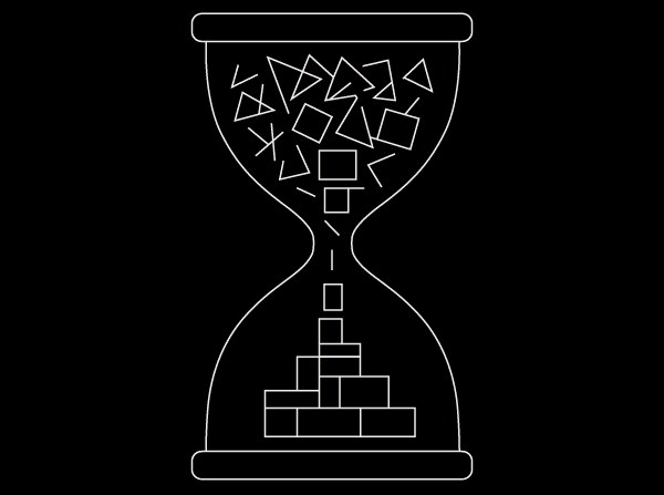 A sand clock on a black background as the cover of the book Builder's Time by Vahagn Sargsyan