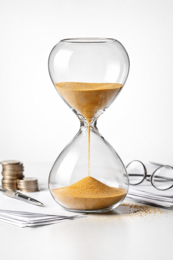 A photo of an hourglass depicting a time leak at the workplace.
