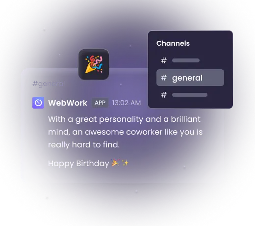 Birthday Messages AI-powered time tracking software sending birthday messages in team chat