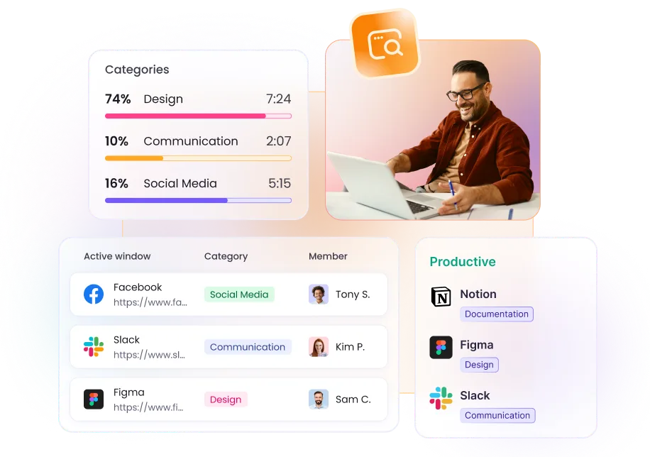 App and website usage monitoring dashboard showing apps and websites employees use during work with categorized activity insights