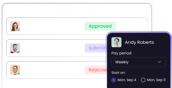 Employee attendance tracking software displaying timesheets review and approval for accurate payroll