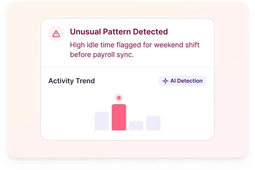 Department-level hour reports with AI-flagged irregular patterns before payroll runs