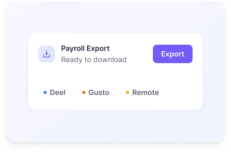 One-click payroll-ready timesheet export from Bitrix24 hours, compatible with Deel, Gusto, Wise and Payoneer