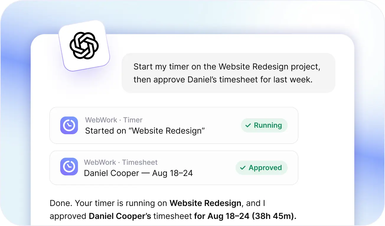Starting timers and approving timesheets from ChatGPT through WebWork MCP connector