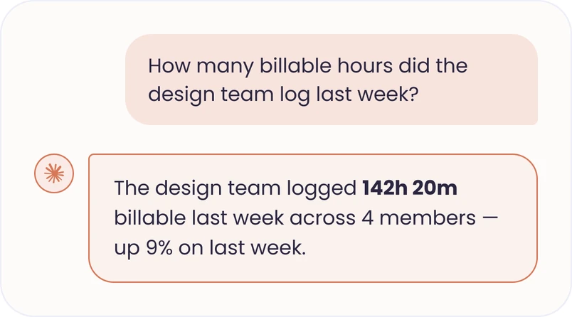 Asking Claude for tracked hours attendance billable and project budgeting reports in chat