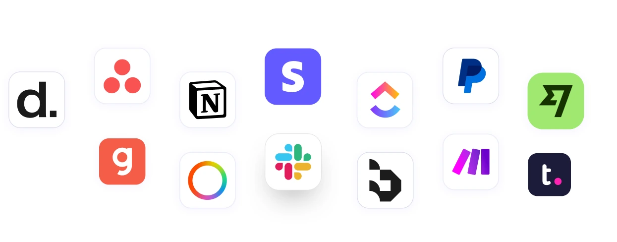 ClickUp WebWork und verbundene App-Logos schweben um die Zeiterfassungsintegration Hero