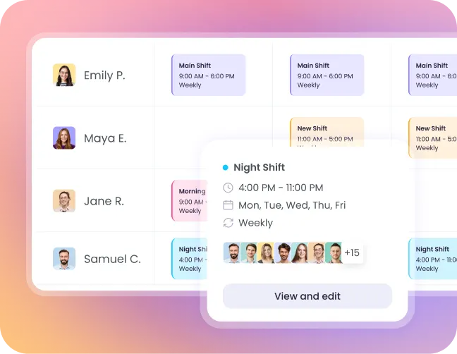 Interfaz de programación de turnos de empleados para monitoreo de asistencia con horarios y calendarios de trabajo personalizados