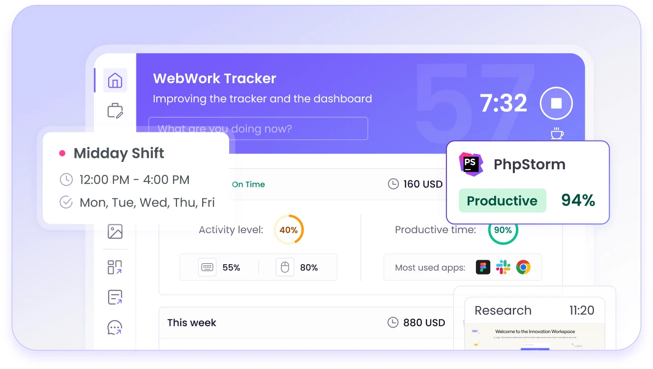 WebWork desktop tracker on Windows macOS and Linux recording shifts and activity