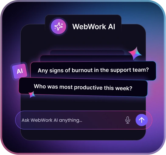 WebWork AI answering questions about burnout signals and weekly productivity from clock in data