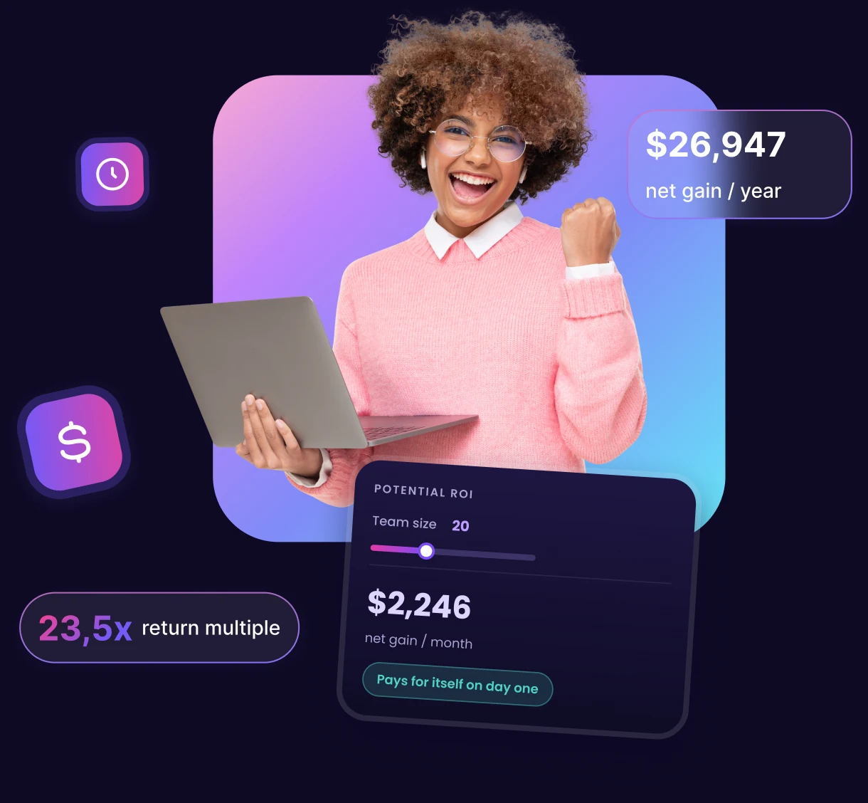 Personalized WebWork demo showing the potential ROI of employee clock in software for a 20-person team