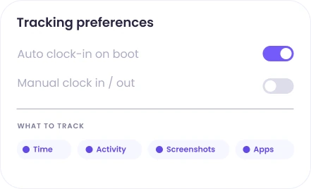 Configurar las preferencias de seguimiento para fichaje automático o manual y opciones de monitoreo