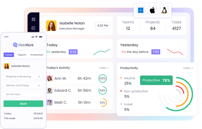 Employee computer monitoring software available on Windows, Mac and Linux