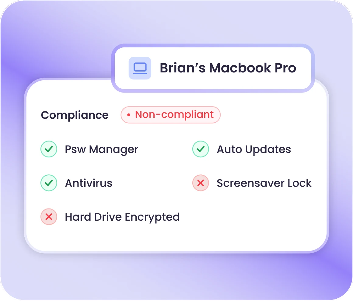 WebWork device compliance card showing a laptop's password manager, antivirus, hard drive encryption, auto updates and screensaver lock checks