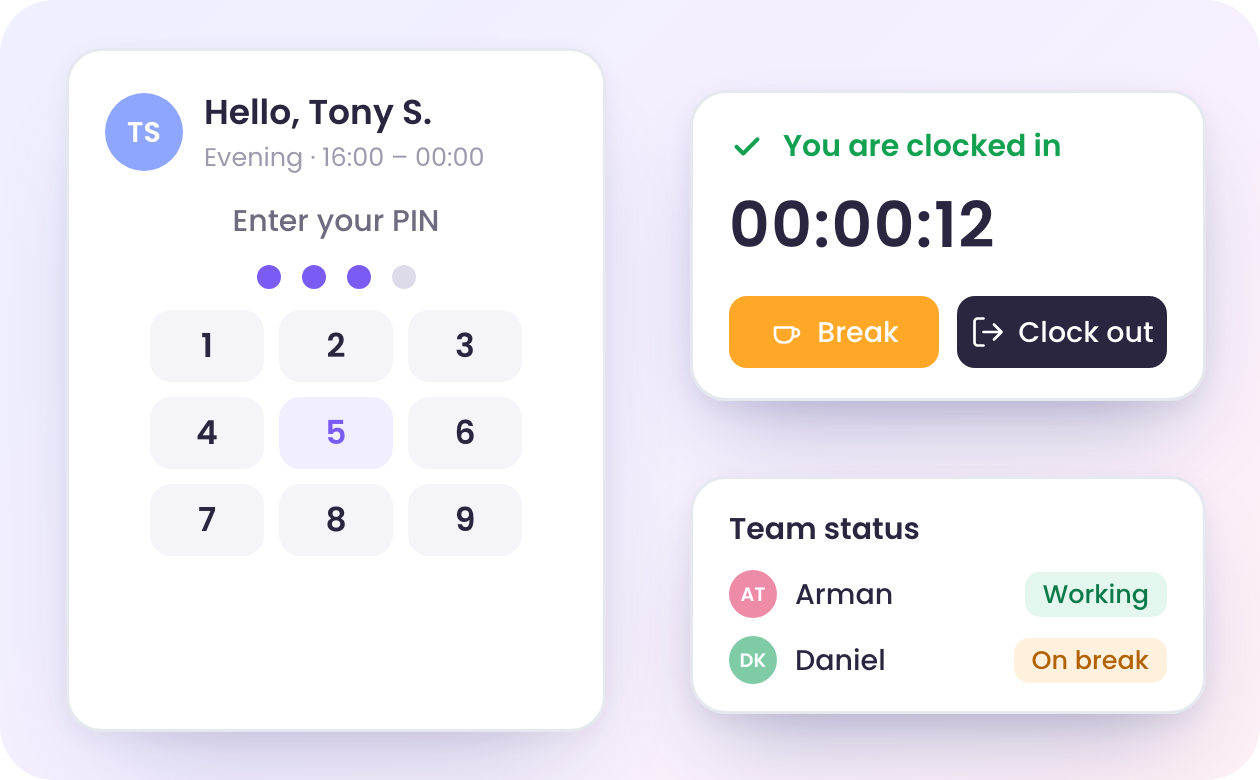 Quiosque de ponto para registrar turnos em um dispositivo compartilhado