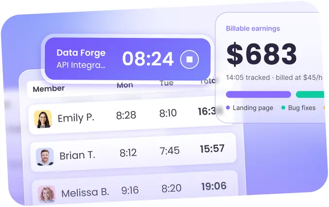 Timekeeping and payroll software calculating earnings from tracked hours and rates