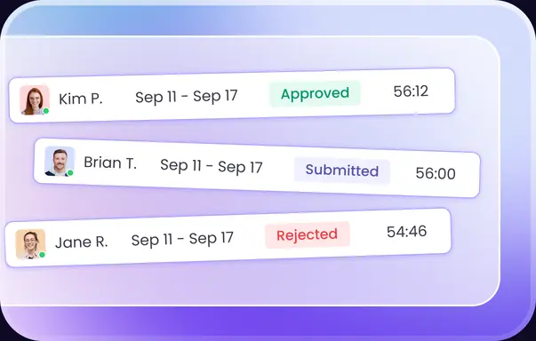 Timesheets built from tracked hours filtered by date project team and member for approval