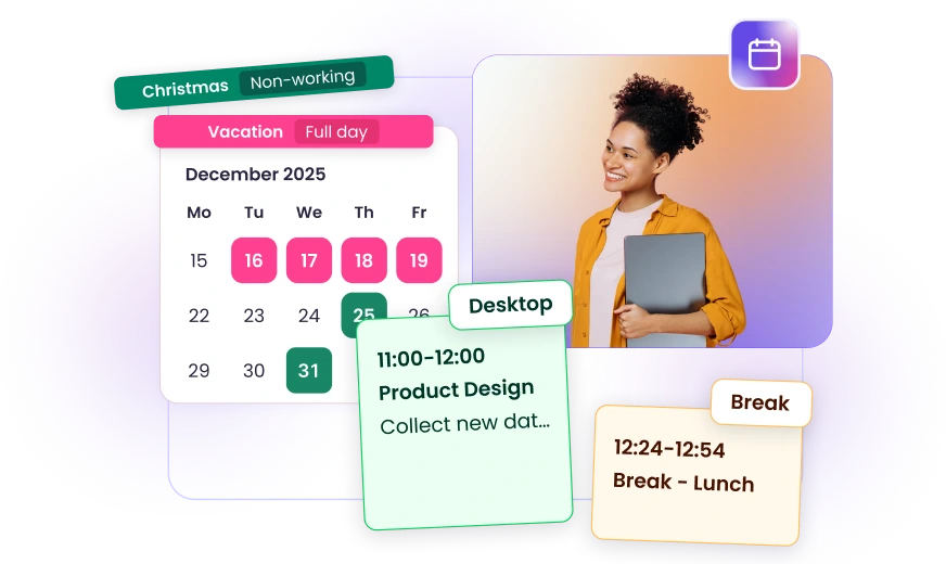 Time tracking calendar showing time entries across desktop web and mobile in calendar view