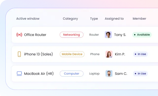 Company asset management dashboard tracking computers, devices, and subscriptions assigned to team members