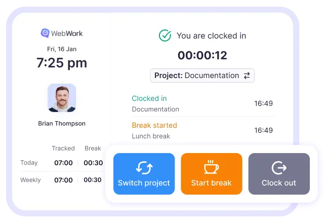 Create a kiosk link, open it and let yor team members clock in and out with a click