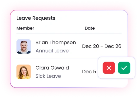 Leave and attendance management dashboard for tracking field team time off and approvals