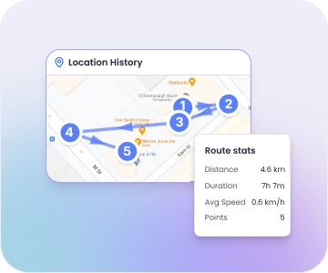 Location history map with coordinates timestamps and route traces for field workers