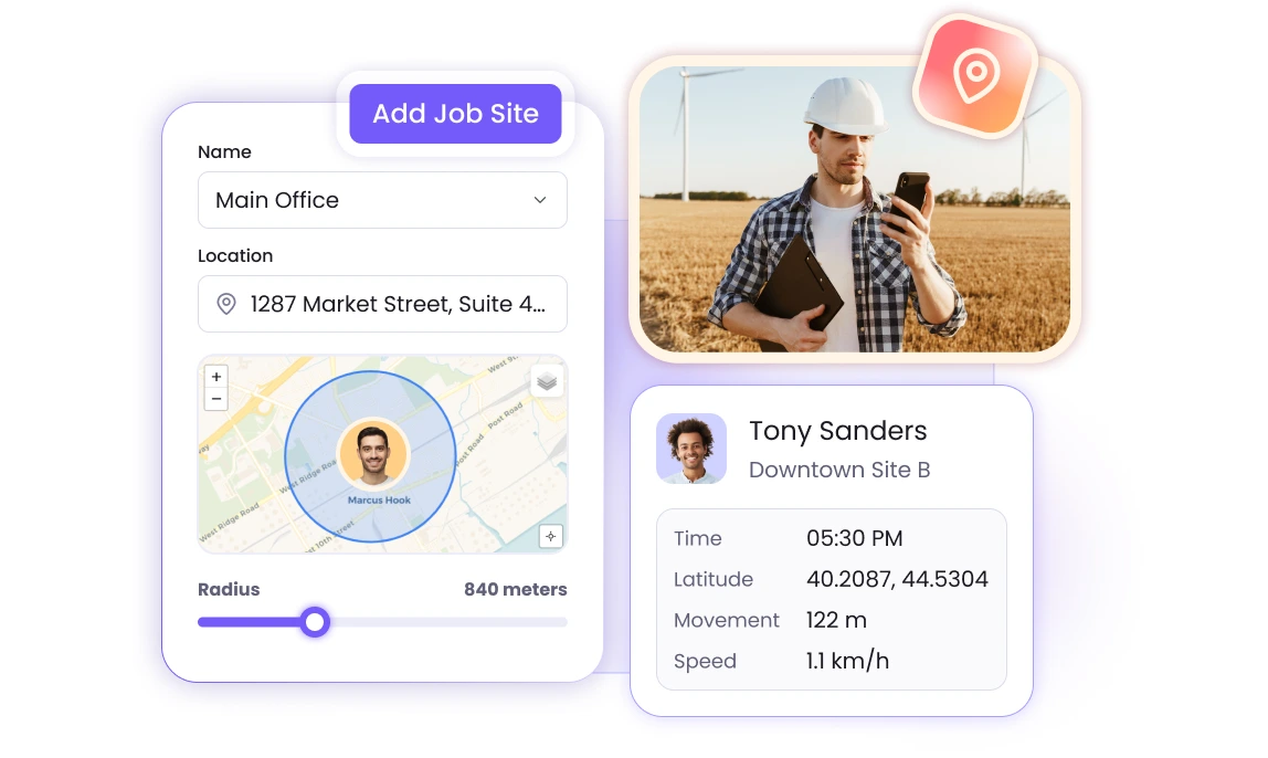 Geofencing Zeiterfassungs-Software mit automatischem Einstempeln für Außendienstmitarbeiter auf Baustellen