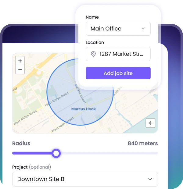 Aplicación móvil WebWork configurando un sitio de trabajo con geovalla con radio y asignación de proyecto
