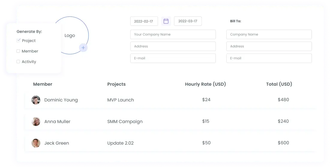 Calculate the amount based on tracked hours