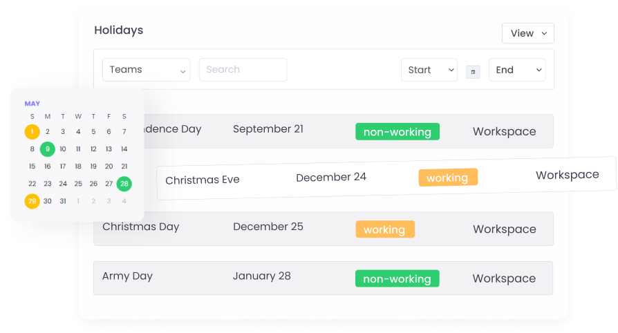 Create a list of working and non-working days