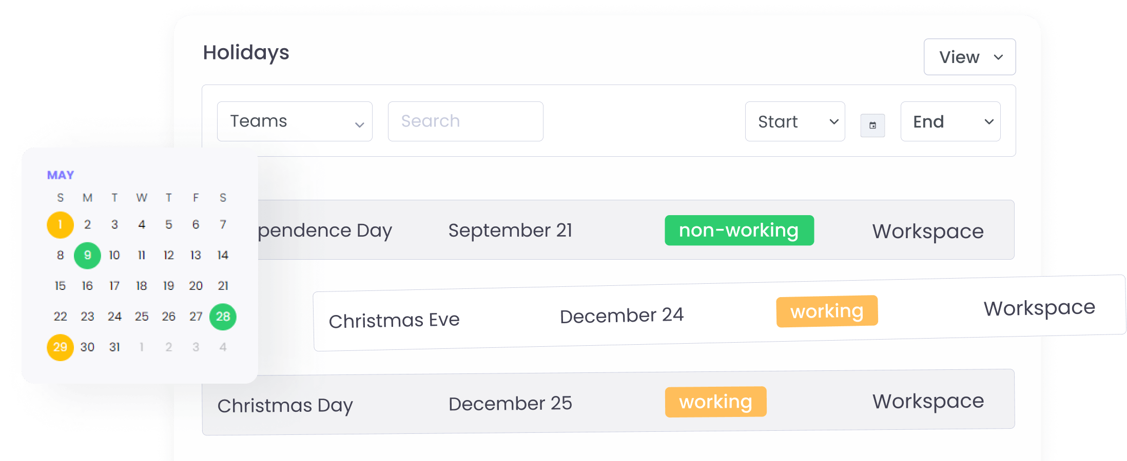 Create a list of working and non-working days