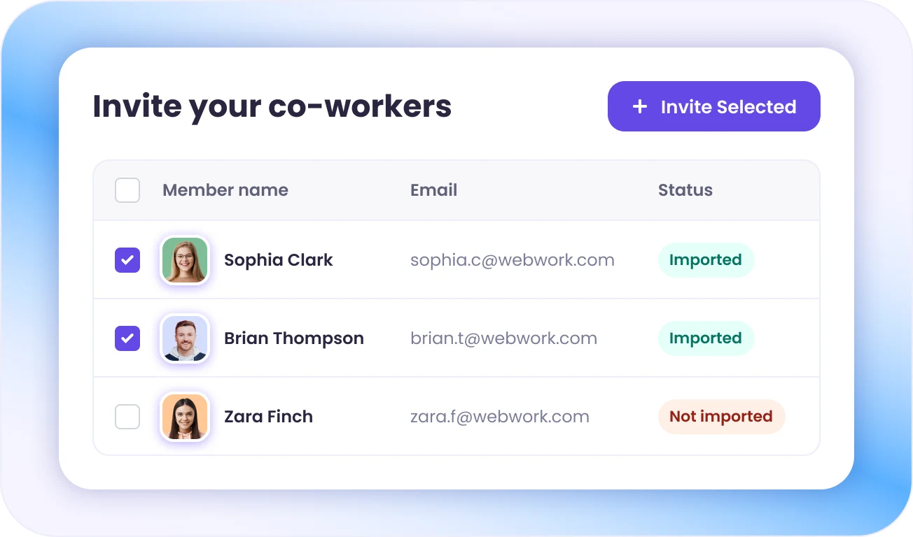 WebWork invite screen listing Entra ID directory members ready for Microsoft Entra ID time tracking