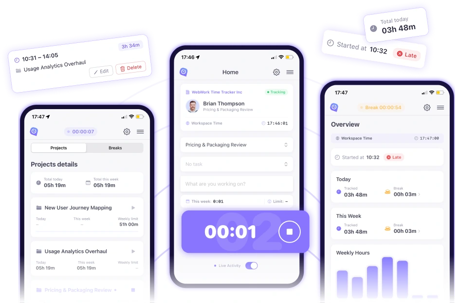 Mobile time tracking app for employees with GPS on iPhone and Android