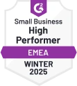 G2 Small Business High Performer EMEA Winter 2025 – WebWork Time Tracker G2 Small Business High Performer EMEA Winter 2025 badge awarded to WebWork Time Tracker for exceptional time tracking solution for small businesses in EMEA