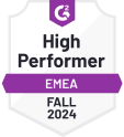 High Performer in der EMEA-Region, Herbst 2024 auf G2 High Performer-Auszeichnung für Zeiterfassungssoftware in der EMEA-Region auf G2, Herbst 2024