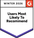 G2 Users Most Likely To Recommend Winter 2026 badge earned by WebWork Time Tracker for time tracking software