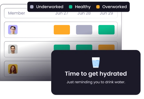 Employee wellness reminders prompting breaks hydration and healthy work habits