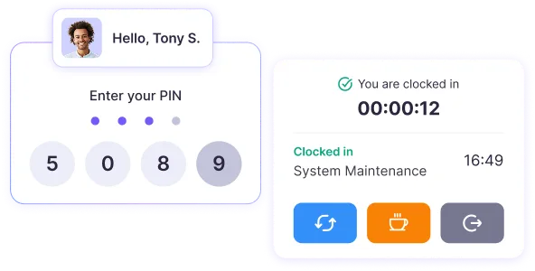 Time clock kiosk on shared device with employees clocking in and out using PIN codes